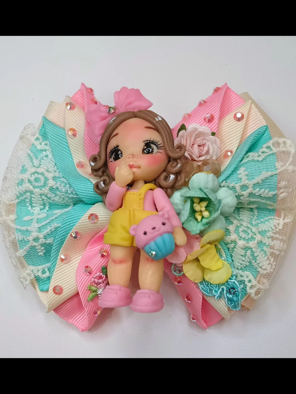 Handmade Pastel Pink & Aqua Doll Bow Hair Clip for Women and Girls
